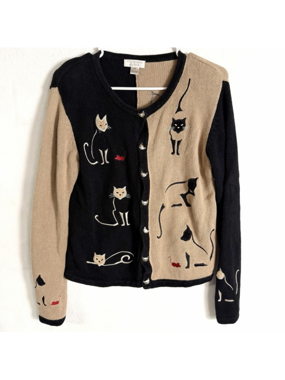 Cat Cardigan Sweater Womens S Ramie Embroidered Kitty Lover Grandma Knit Y2K